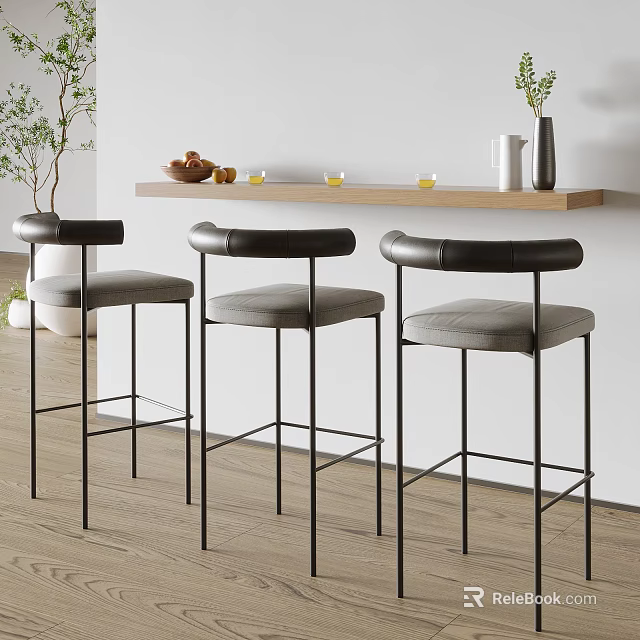 Modern Bar Stools Featuring Black Metal Legs Gray Cushions And Curved Backrests In Modern Interior 3d model 
