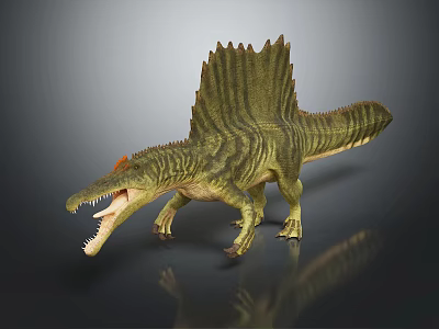 Spinosaurus Dinosaur Model With Spiked Sail Open Mouth Sharp Teeth And Green Yellow Striped Skin 3d model