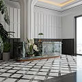 Elegant Restaurant Lobby With Marble Reception Desk Black And White Checkered Floor And White Columns