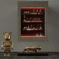 Modern Interior Display Cabinet Shelf with Wine Bottles Lighting and Decorative Sculptures