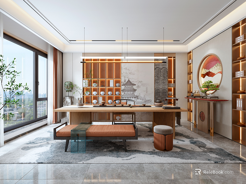 Traditional Chinese Tea Room With Large Windows Wooden Table Tea Sets And Round Decorative Painting 3d model 