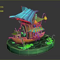 Small Boat Model With Blue Roof Green Decorations Lanterns And Lotus Leaves