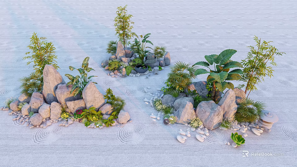 Traditional Zen Rock Garden Design With Raked Sand Stones And Green Plants 3d model 