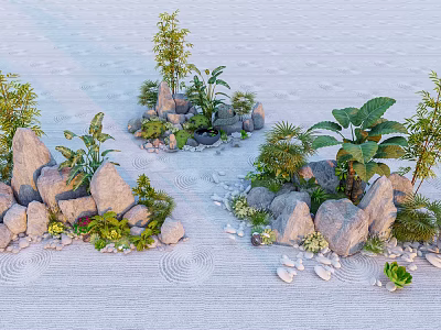 Traditional Zen Rock Garden Design With Raked Sand Stones And Green Plants 3d model