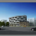 Modern Office Building Exterior Design With Curved Facade Large Windows And Trees 3d model