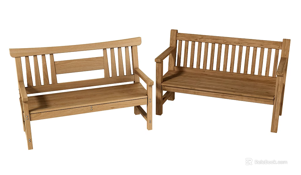 Two Public Wooden Benches With Slatted Backrest And Armrests For Outdoor Use 3d model 