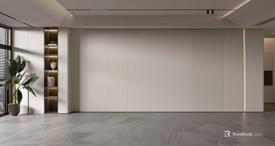Minimalist Light Colored Sofa Backdrop Wall with Side Shelves Featuring Warm Lighting and Gray Floor 3d model