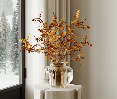 Transparent Glass Vase With Golden And Brown Foliage On White Pedestal 3d model
