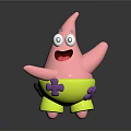 Happy Pink Starfish Character In Yellow Shorts With Purple Flowers And Open Arms