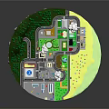 Vibrant Cartoon Island Scene With Green Hills Trees Buildings Roads Beach And White Clouds