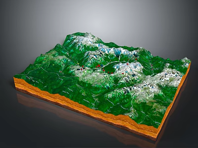 Detailed Terrain Model Featuring Mountain Ranges Green Vegetation And Snowy Peaks With Orange Base 3d model