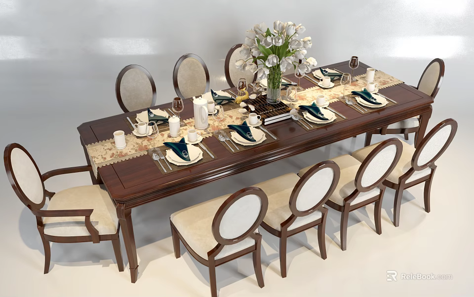 Elegant Wooden Dining Table Set with Matching Chairs Tableware and White Flower Arrangement in Vase 3d model 