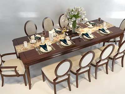 Elegant Wooden Dining Table Set with Matching Chairs Tableware and White Flower Arrangement in Vase 3d model