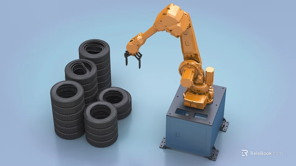 Industrial Robotic Arm Equipment Efficiently Lifting Stacked Tires In Factory 3d model 
