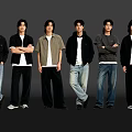 Group of Six Young Men Standing in a Row With Casual Outfits Against Dark Backdrop