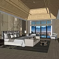 Elegant Hotel Guest Room With Wooden Ceiling Bed Sofa TV And Mountain View