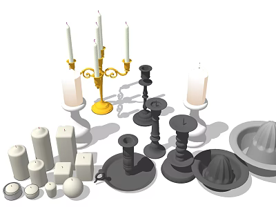 Decorative Candle Holders With Various Designs Gold Black Bases And White Candles 3d model