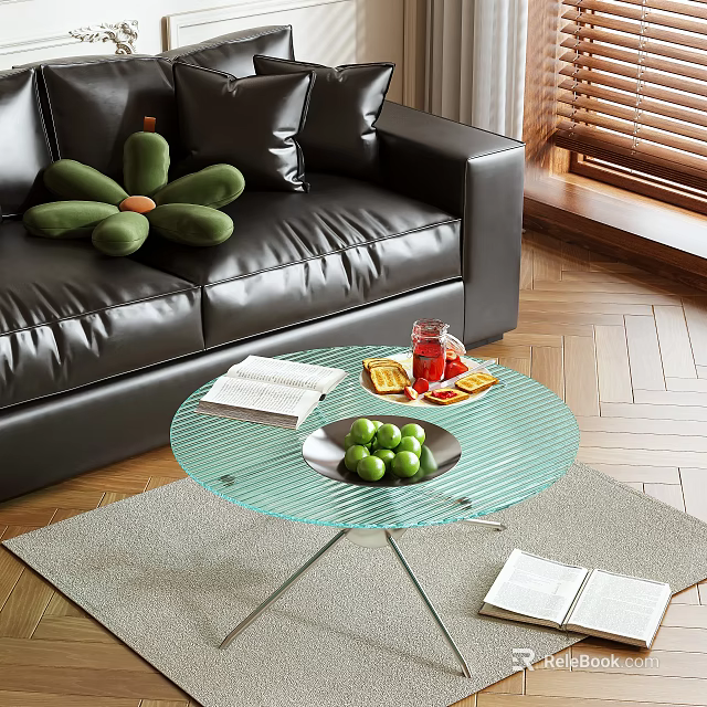 Round Glass Coffee Table With Books Green Apples And Drinks In Living Room 3d model 