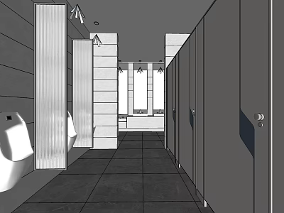Modern Public Restroom Interior Design With Stalls Urinals Mirrors And Lighting 3d model