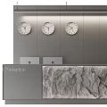 Modern Reception Desk With Three Clocks Metal Wall Rock Texture Countertop And Reception Sign