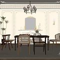 Elegant Dining Room Interior with Chandelier Mirror Dining Table Chairs and Plants