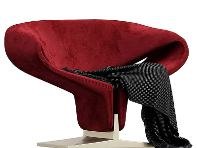 Red Velvet Accent Chair with Curved Design Metal Base and Polka Dot Blanket 3d model