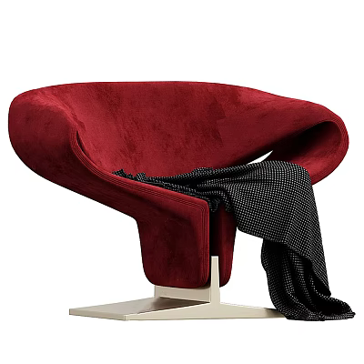 Red Velvet Accent Chair with Curved Design Metal Base and Polka Dot Blanket 3d model
