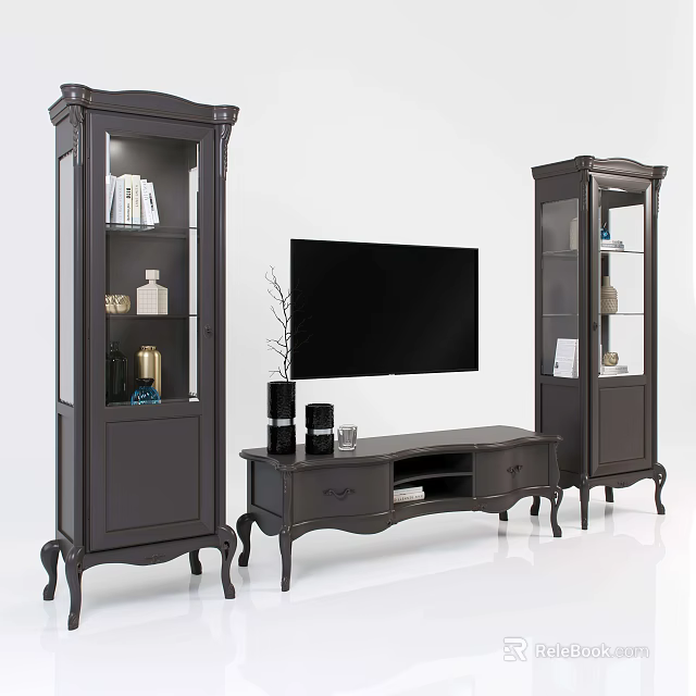 Traditional TV Stand With Carved Details And Matching Glass Door Display Cabinets 3d model 