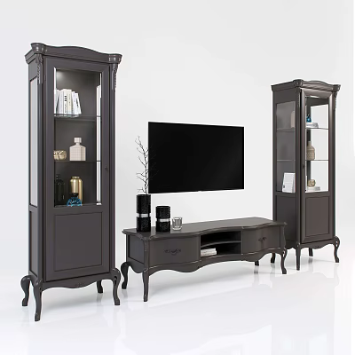 Traditional TV Stand With Carved Details And Matching Glass Door Display Cabinets 3d model