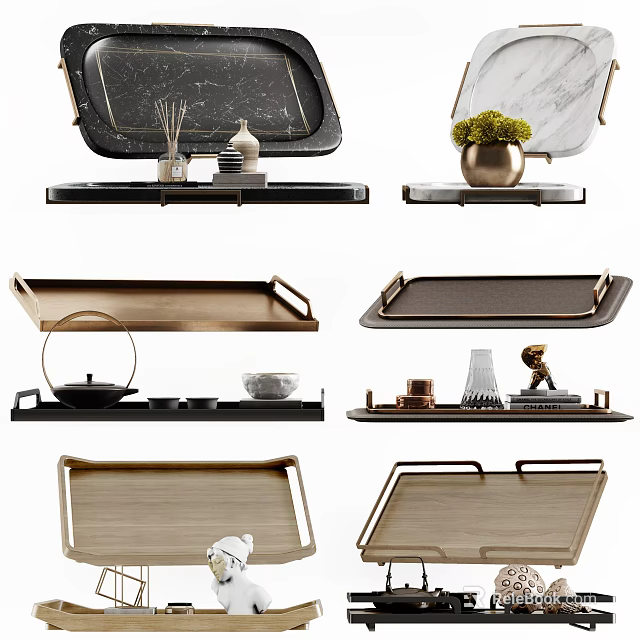 Modern Stylish Household Trays in Various Designs with Green Plants Bowls and Decor 3d model 