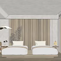 Serene Hotel Guest Room With Twin Beds Wooden Wall With Decorative Pattern And White Bedding