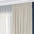 Beige Linen Curtains With Sheer White Panels And Dark Blue Wall Backdrop