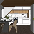 Modern Restaurant Interior Featuring Wooden Ceiling Dining Table White Cabinets Marble Countertop And Black Appliances