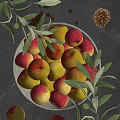 Ceramic Bowl Filled With Red And Yellow Apples Olive Branch And Pine Cone On Tabletop
