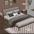 Modern Wooden Double Bed With Upholstered Headboard Side Tables Lamps Decorative Paintings And Rug