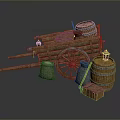 Antique Wooden Cart with Barrels Stone Mill and Wooden Boxes