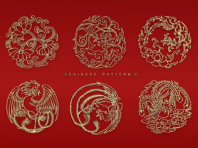 Traditional Chinese Gold Wall Decor with Circular Floral Dragon Phoenix Patterns on Red Background 3d model