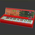 Red Electronic Synthesizer With Black White Keys And Control Knobs