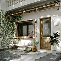 Cozy Storefront With Wooden Door Laca Sign Window Wall Lamp Green Plants And Decorative Flowers