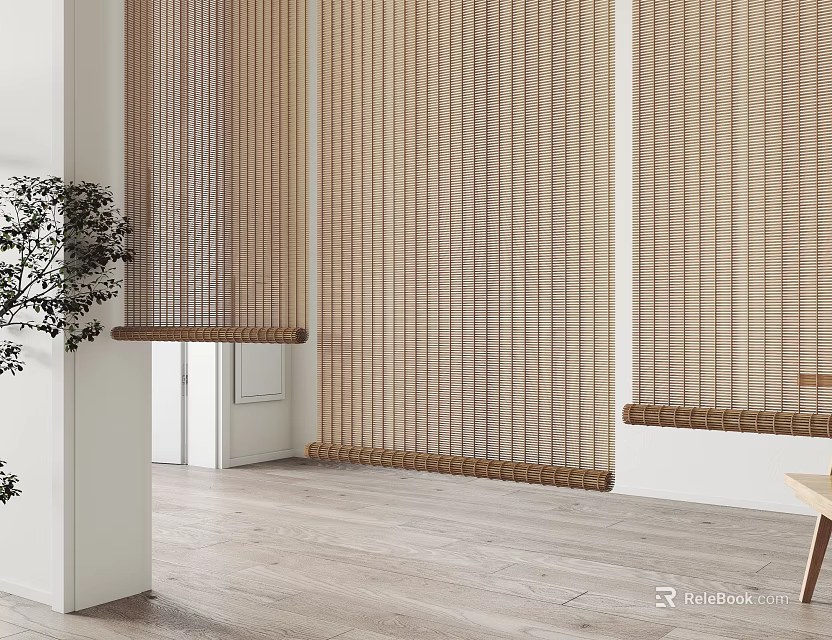 Natural Bamboo Blinds In Modern Interior With Light Brown Tone And Wooden Floor 3d model 