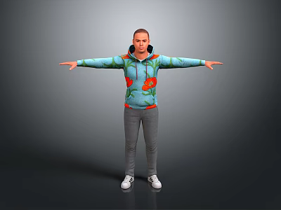 A Man Wearing Blue Hoodie With Red Flower Pattern Arms Outstretched Against Gray Background 3d model