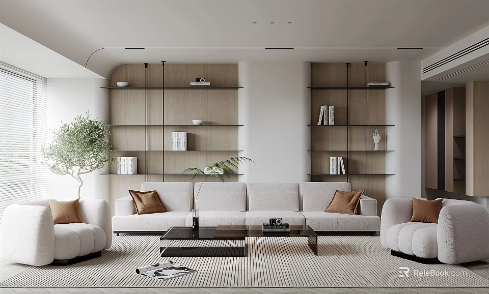 Modern Living Room Interior With White Sofa Brown Cushions Bookshelves And Green Plant 3d model 