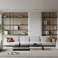 Modern Living Room Interior With White Sofa Brown Cushions Bookshelves And Green Plant