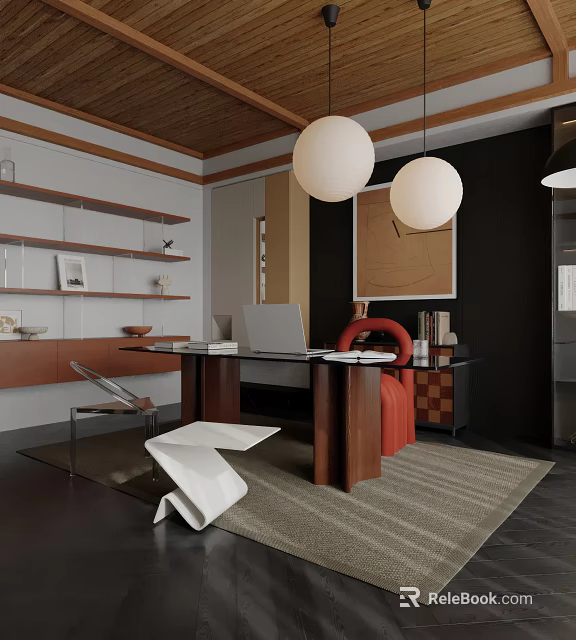 Modern Study Room Interior With Wooden Desk Laptop Shelves Artwork And Pendant Lights 3d model 