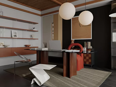Modern Study Room Interior With Wooden Desk Laptop Shelves Artwork And Pendant Lights 3d model