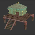 Traditional Thatched House with Bamboo Structure on Wooden Platform and Wooden Ladder with Supportive Pillars