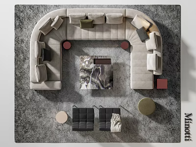 Modern Curved Gray Sofa Coffee Table Set with Marble Top Colored Cushions Round Side Tables 3d model