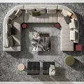 Modern Curved Gray Sofa Coffee Table Set with Marble Top Colored Cushions Round Side Tables