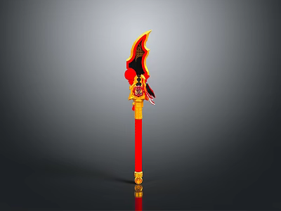 Traditional Decorative Weapon With Red Long Handle Golden Decorations And Flame Like Top Design 3d model