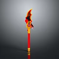 Traditional Decorative Weapon With Red Long Handle Golden Decorations And Flame Like Top Design